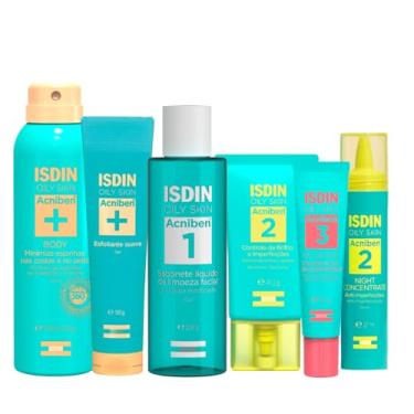 Imagem de Kit ISDIN Acniben - Spray Corporal Antiacne 150ml + Esfoliante Suave 105g + Sabonete Líquido Facial 208g + Hidratante Facial Gel Creme 41,2g + Gel Secativo 13,8g + Sérum Noturno 27ml (6 Produtos)