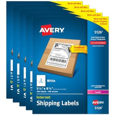 Imagem de Etiquetas de endereço de envio Avery, impressoras a laser, etiquetas de meia folha, adesivo permanente, TrueBlock