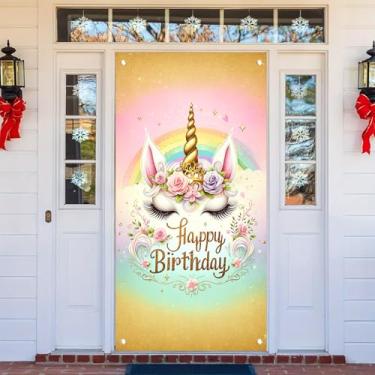 Imagem de Starlit Patio Capa de porta de aniversário de unicórnio decoração de festa arco-íris pastel floral dourado com glitter pano de fundo fotográfico para meninas, crianças, celebração, entrada, cabine de