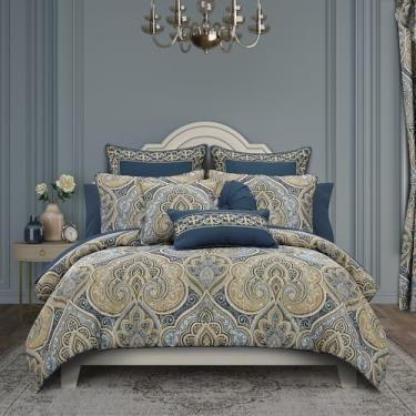 Imagem de Royal Court Messina - Conjunto de edredom tamanho casal/queen azul marinho, 3 peças