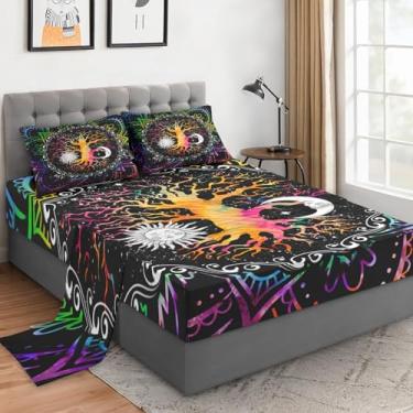 Imagem de WeCozy Jogo de lençol casal com fronhas, árvore da vida do zodíaco astrologia 4 peças de microfibra macia para crianças e adultos, lençol com elástico para decoração de cama de quarto