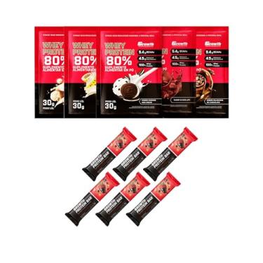 Imagem de Combo - Whey protein concentrado sachê 30g 5un (Chocolate, Beijinho, Mousse de maracujá, Milkshake de chocolate e Cookies) e Whey protein concentrado barra 30g 6un (sabores diversos) - Growth (Único, Morango com chocolate)