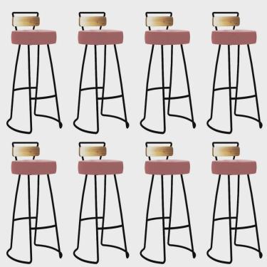 Imagem de Kit 08 Banqueta Alta Alice Bar Balcão Cozinha Com Encosto Madeira Ferro Preto Suede Rose Gold - Ahz Móveis