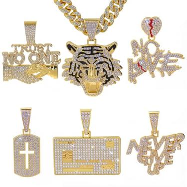 Imagem de GuoShuang Corrente de elos cubanos de prata para homens com pingente, Miami Ice Out, diamante, elos cubanos, cruz de tigre, nunca desista, cartão de crítica, VISA, colar hip hop, joias masculinas