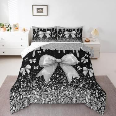Imagem de Erosebridal Conjunto de cama Queen com laço preto, para crianças, meninos e meninas, lindo diamante com lantejoulas e gravata borboleta para adultos, edredom com laço preto prata e cinza, 3 peças