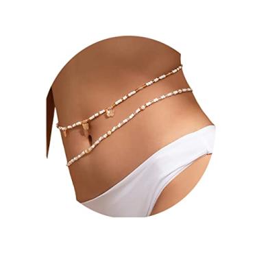 Imagem de Corrente de biquíni com contas de cintura dourada boho borboleta corrente de barriga em camadas corrente de praia borla elástica joias de estômago para mulheres, One size, Plástico, Sem Pedra Preciosa