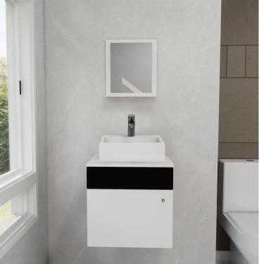 Imagem de Gabinete Armário para Banheiro com Espelho e Cuba Mármore Sintético Preto/Branco