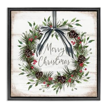 Imagem de Stupell Industries Guirlanda rústica de pinha de Natal em tela flutuante, moldura preta, arte de parede, design por Elizabeth Tyndall, 63 x 63 cm