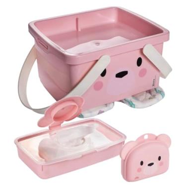 Imagem de Conjunto Infantil Porta Fraldas Descartáveis com abertura tipo fenda, Tampa com travas e Alças de Transporte + Porta Lenço Umedecido de Plástico com Fechamento Hermético de Borracha e Sistema de Abertura Facilitado + Saboneteira Infantil de Viagem com Tampa Basculante, Fechamento de Pressão e Alça d