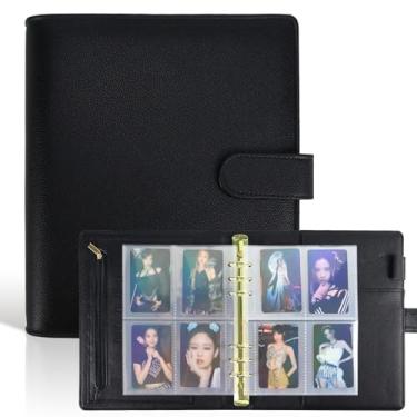 Imagem de Fichário A5 Kpop Photocard com 240 bolsos, capa de fichário de couro PU 6 anéis para organizar K-Pop, cartas de jogo, mini câmera Polaroid foto (preto)