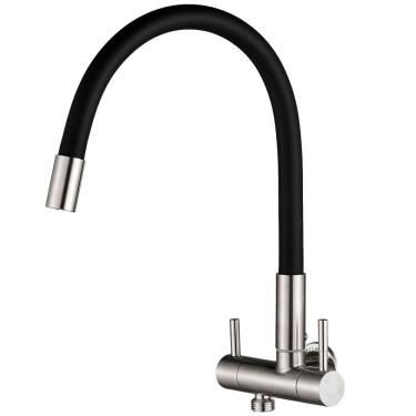 Imagem de Torneira de Parede Flexível em Aço Inox Escovado Saída Dupla auxiliar para lavadoras e...