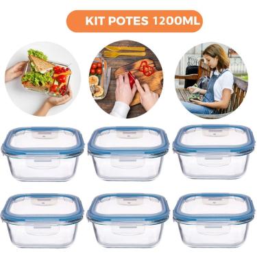 Imagem de Kit 6 Pote de Vidro Hermético Quadrado 1200ml