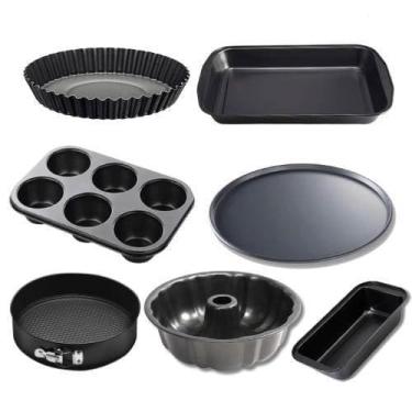 Imagem de Conjunto 7 Formas Pão Bolo 26cm Cupcake Assadeira Pizza Tortas Fundo Removível Antiaderente Aço(kit 7 formas)
