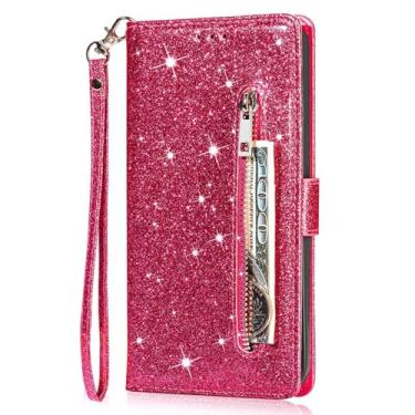 Imagem de LYJSMGZ Capa flip com glitter para iPhone 16E, capa de telefone feminina estilo carteira com fecho magnético de couro brilhante brilhante antiqueda, vermelha, 16E