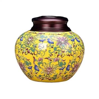 Imagem de Lata de chá Vasilhas de chá pintadas com esmalte cerâmico de alta qualidade, tampa de metal, jarra de armazenamento selada, vasilhas de porcelana vazias para uso doméstico Caixa de chá(Yellow)