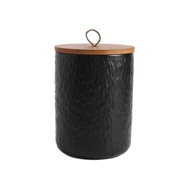 Imagem de MEIGLQEA Lata De Café Cerâmica Preta E Branca Com Tampa Madeira, Recipiente Hermético Para Armazenamento Grãos, Moído, Açúcar, Pote Biscoitos Doces (Preto, 800 Ml)