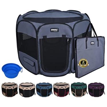 Imagem de WINiPET Cercadinho macio dobrável de 2 portas para animais de estimação (garantia de 2 anos), além de bolsa de transporte e tigela de silicone de grau alimentício, cercadinho portátil de 10 tamanhos e
