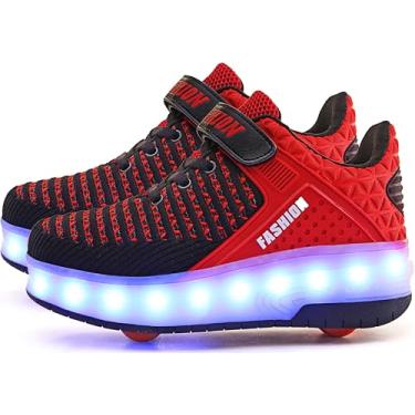 Imagem de Aikuass USB Carregável LED Light Up tênis de skate com rodas para meninos e meninas, 1- Black Red- Double Wheels, 4 Big Kid