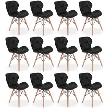 Imagem de Kit 12 Cadeiras de Jantar Charles Eames Slim Wood Estofada - Preto