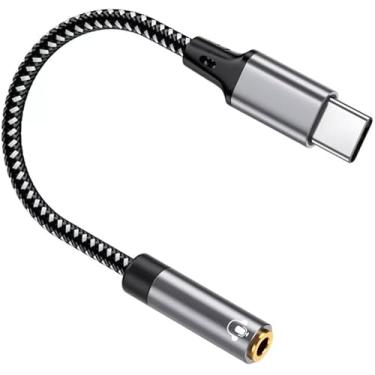 Imagem de D & K Exclusives Adaptador USB tipo C para conector de fone de ouvido de 3,5 mm (pacote com 2) USB C para cabo dongle fêmea de áudio auxiliar com proteção reforçada para alívio de tensão, cabo