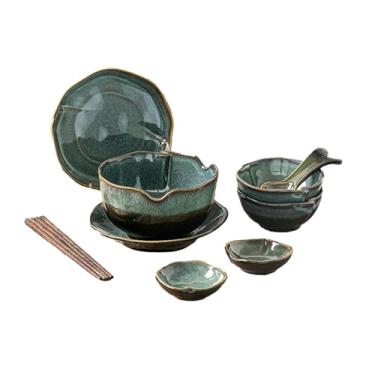 Imagem de Utensílios de mesa retrô minimalistas em estilo japonês para transformação de forno requintados anti-escaldantes e resistentes a altas temperaturas - refeição para duas pessoas - Verde aurora