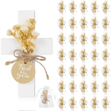 Imagem de Flutesan 36 conjuntos de lembrancinhas de batismo para convidados de primeira comunhão ímãs de cruz de madeira com flor e bolsa para decoração de festa de batismo, reunião, chá de bebê, presente de