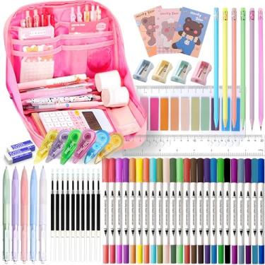 Imagem de 56 peças de material escolar de estética com estojo grande, 24 canetas marcadoras de pincel duplo, 5 canetas de gel de tinta preta, 6 lápis macaron, 4 apontadores, notas adesivas, régua, borrachas
