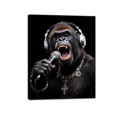 Imagem de Estética de animais clássicos imagens de arte de parede macaco feroz DJ pôsteres e impressões pintura em tela casa quarto decoração presentes 50 x 40 cm (20 x 16 pol) emoldurado