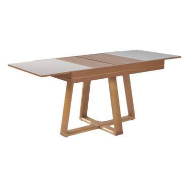 Imagem de Mesa De Jantar Caroline 1,20m Extensível 1,80m Em Madeira Maciça Mel Tampo Vidro Off White