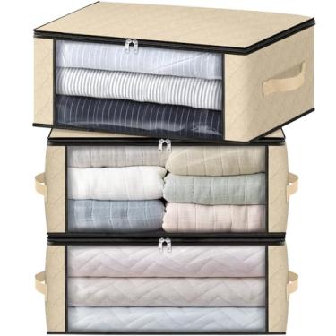Imagem de HomeHacks Pacote com 3 sacos de armazenamento organizador de roupas caixa de armazenamento dobrável com janela grande transparente alças resistentes para armário, dormitório, travesseiros, roupa de