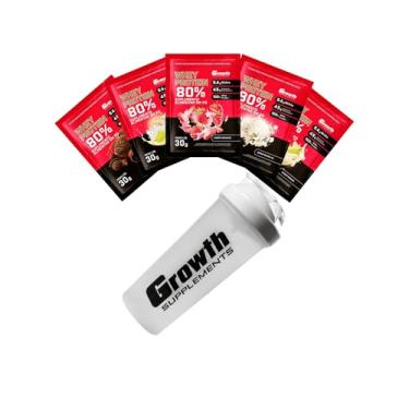 Imagem de Combo - Whey Protein Concentrado 30g em Sachê (5un - sabores diversos) + Coqueteleira 600ml Branca - Growth (único, Morango, baunilha, banana, torta de limão e brigadeiro)