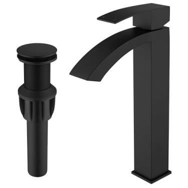 Imagem de Jodulos Torneira de pia de vaso de cachoeira fosca preta para banheiro, torneira de banheiro alta de aço inoxidável furo único com mangueira de suprimento cUPC e tampa pop-up JU-BS101-BK