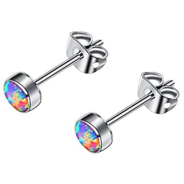 Imagem de Brincos de pino opala para mulheres, brincos minúsculas hipoalergênicos de titânio F136 com pedra de nascimento redonda para orelhas sensíveis, joias de moda feminina com caixa de marca evita perda (2 peças), 3MM, Titânio, Opala Zircônia azul Opala preta