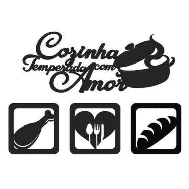 Imagem de Kit Cozinha Temperada c/ Amor 4 Peças letreiro +3 mini quadros Decoraç