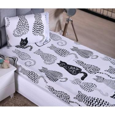 Imagem de Kit Jogo De Lençol Solteiro Com Elástico 2 Peças(Gato Preto e Branco)
