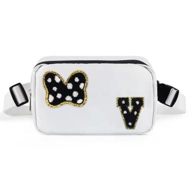 Imagem de Pochete com laço com letra inicial de chenille, bolsa tiracolo impermeável para parque, presentes de aniversário de Natal para adolescentes, meninas, mulheres, crianças, adultos, bolsa de cinto fofa