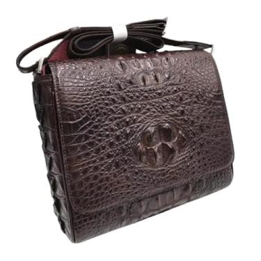 Imagem de Bolsa masculina com aba casual de couro de jacaré genuíno em pele de crocodilo real exótica bolsa de ombro única masculina bolsa mensageiro, Marrom, 26cm(Width) x 28cm(Height) x 12cm(Deep)