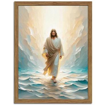 Imagem de Arte de parede Jesus andando sobre a água, emoldurado, texturizado, 3D, arenito, cristão, decoração de parede, pintura, salvador religioso, imagens para sala de oração, quarto, 61 x 91 cm, moldura de