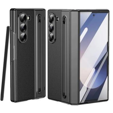 Imagem de Capa para celular Samsung Galaxy Z Fold 6 com protetor de tela integrado, capa flip de couro com caneta S e proteção de dobradiça, capa protetora à prova de choque para Samsung Z Fold 6 5G (preto)
