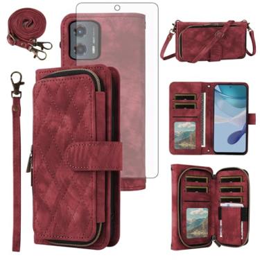 Imagem de Capa para celular Motorola Moto G 5G 2023 carteira com protetor de tela de vidro temperado alça transversal alça flip suporte zíper bolsa porta-cartão de crédito slot celular G5G 5 G G5 mulheres