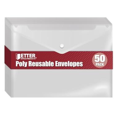 Imagem de Envelopes de plástico reutilizáveis transparentes com fecho de pressão, suportes de documentos de plástico, tamanho GG de 33 x 23 cm para papel de carta, pacote com 50 da Better Office Products, envelopes de arquivos de poliéster, transparente, pacote com 50