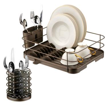 Imagem de Kit Cozinha Porta Talheres + Escorredor De Louça Bandeja Cor Café - Future