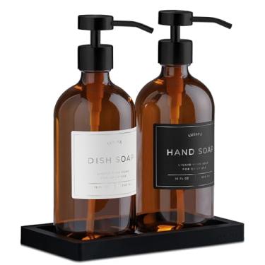 Imagem de Dispensador de sabão de vidro de 473 ml com bomba de aço inoxidável - Conjunto de 2 com bandeja de silicone antiderrapante, 15 etiquetas à prova d'água e 5 adesivos para banheiro e cozinha (garrafa