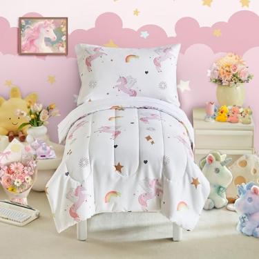 Imagem de Conjunto de cama infantil de unicórnio, rosa, flores de unicórnio, 4 peças, com estrela macia, arco-íris, unicórnio, princesa, branca, com conjunto de lençol e fronhas