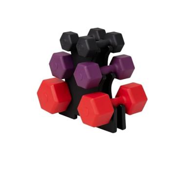 Imagem de Kit Halteres Emborrachados com Suporte – 6 Halteres (1kg, 2kg, 3kg) – Pesos para Exercícios em Casa, Academia, Treino Funcional, Musculação e Pilates – Cores Roxo, Vermelho e Preto