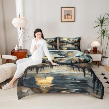 Imagem de Conjunto de edredom infantil Lake House, tamanho Queen, pinheiros, montanha, natural, rústico, decoração de quarto de meninas, meninos, edredom geométrico, abstrato, edredom de fazenda, 2 fronhas