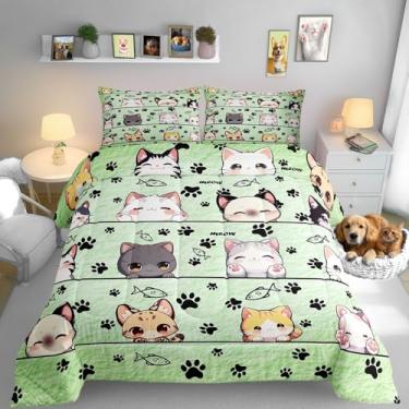 Imagem de Manfei Conjunto de edredom com desenho animado de animais de estimação para decoração de quarto, gato kawaii, adorável animal de estimação, microfibra escovada, capa de edredom macia, casal