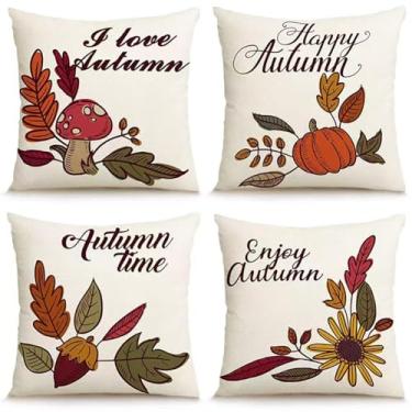 Imagem de kiddook Pacote com 4 capas de travesseiro de outono 45,7 x 45,7 cm, decoração de abóbora de Ação de Graças, fronhas de linho, colheita de outono, decoração de casa para sofá, cama, varanda (sem