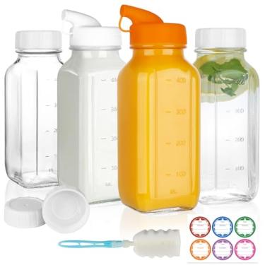 Imagem de HINGWAH Pacote com 4 garrafas de leite de vidro de 473 ml com tampas, garrafas de suco de vidro com balança e bico de silicone, recipientes de suco reutilizáveis potes quadrados para leite, café