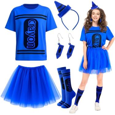 Imagem de Newcotte Conjunto de 7 peças de fantasia de giz de cera de Halloween com camiseta de giz de cera, saia tutu, meias até a coxa, brinco de madeira, Azul, Tamanho Único